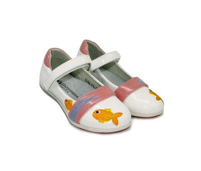Туфли Шалунишка для девочек бело-розовые с рыбкой эко кожа.