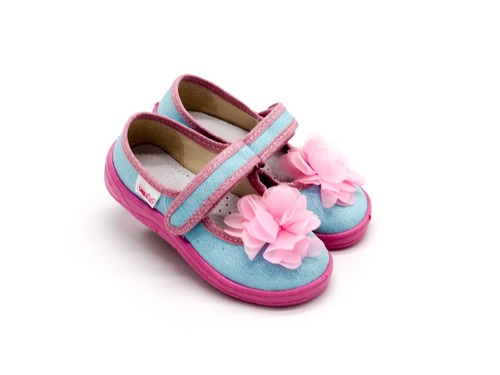 Тапочки Валди для девочек голубые с розовым цветком. Фото 1