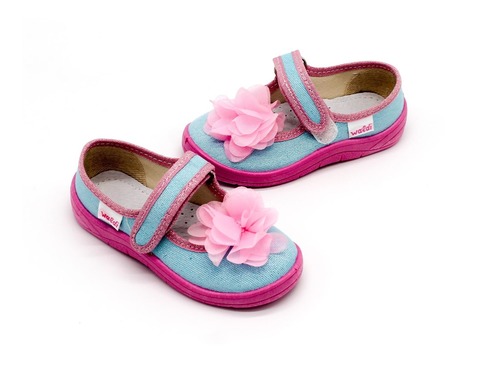 Тапочки Валди для девочек голубые с розовым цветком. Фото 2