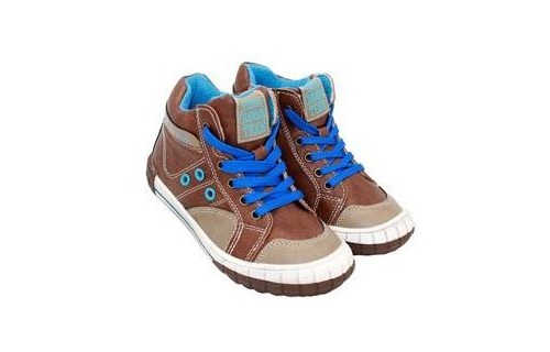 Ботинки М+Д для мальчиков коричневые с синими шнурками утеплённые. Фото 1