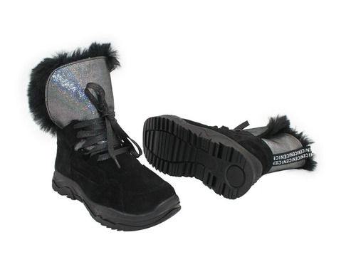 Ботинки Sandalik для девочек чёрного цвета с голографической вставкой. Фото 2